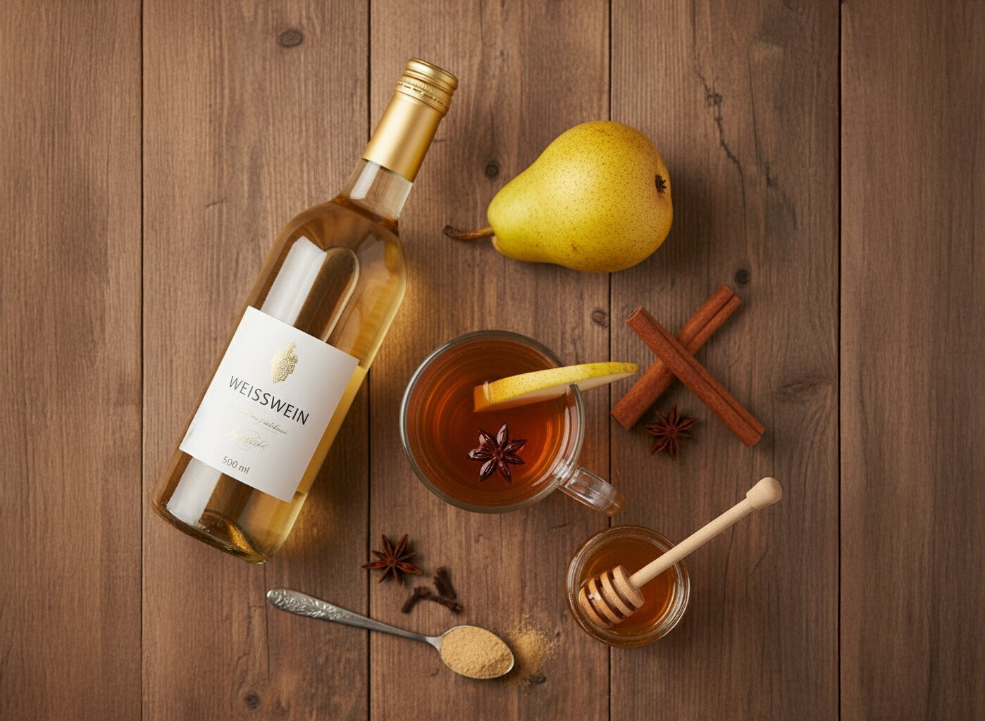 Flasche Weißwein mit goldfarbenem Verschluss, Birne, Glas mit Tee und Zitronenscheibe, Zimtstangen, Sternanis, Honigglas mit Holzlöffel und brauner Zucker auf Löffel auf Holztisch.