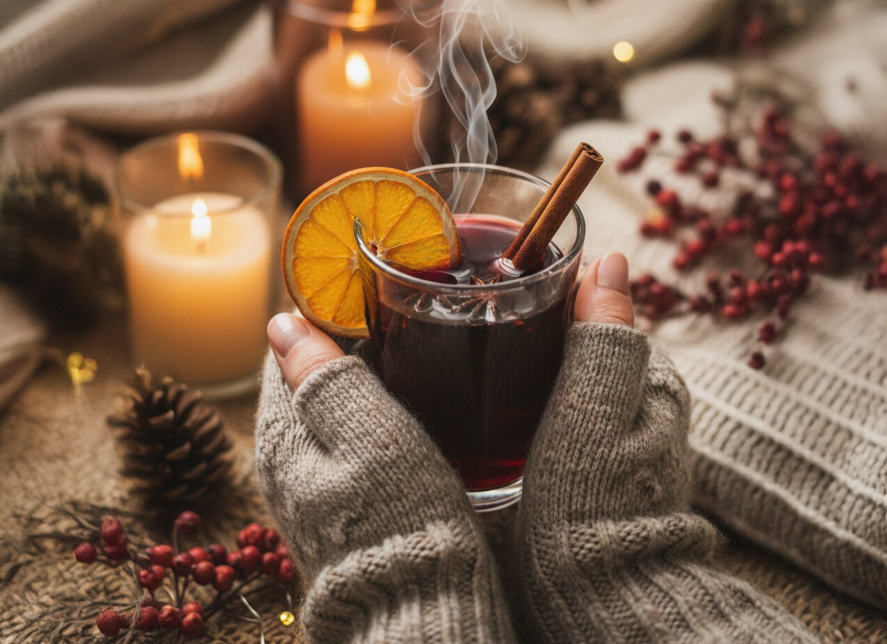 Zwei Hände in grauen Strickhandschuhen halten eine Glas Tasse mit dampfendem Glühwein, garniert mit einer Orangenscheibe und Zimtstange, umgeben von Kerzen und roten Beeren.