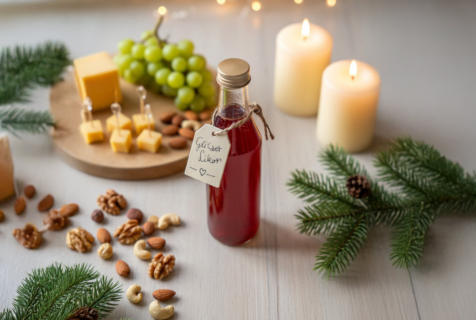 Flasche mit rotem Likör und Anhänger 'Glühwein Likör' auf hellem Holztisch, umgeben von Nüssen, Käsewürfeln, Weintrauben, Tannenzweigen und brennenden Kerzen.
