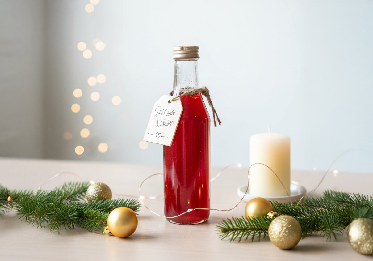 Flasche mit rotem Likör, beschriftet mit 'Glückslikör', umgeben von Tannenzweigen, goldenen Weihnachtskugeln und einer weißen Kerze.
