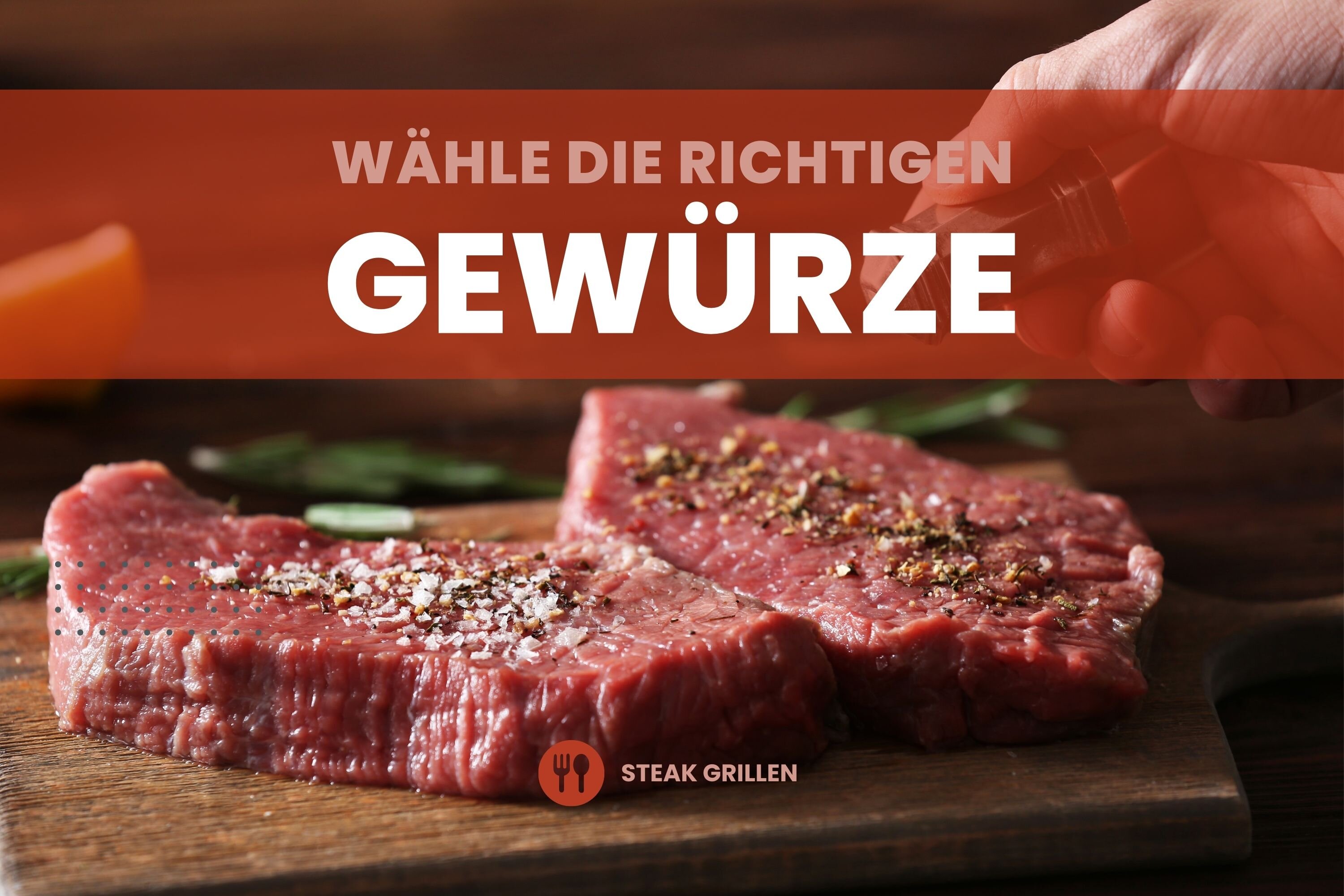 Rohes Steak mit Gewürz bestreut, umgeben von Textinformationen 'Wähle die richtigen Gewürze'