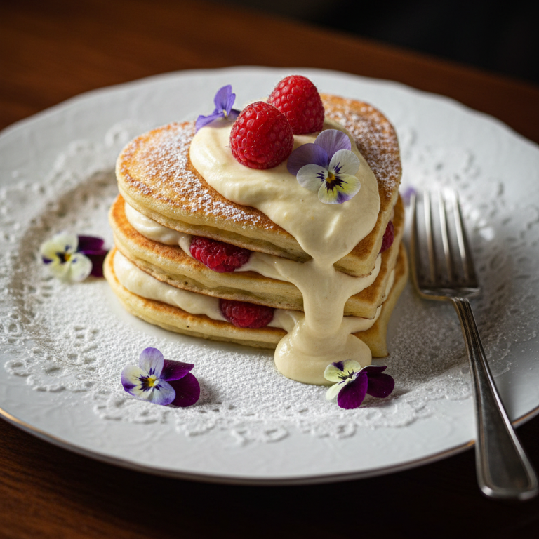 Herzförmige Pfannkuchen mit Vanillecreme, Himbeeren und essbaren Blüten auf weißem Teller mit Gabel.