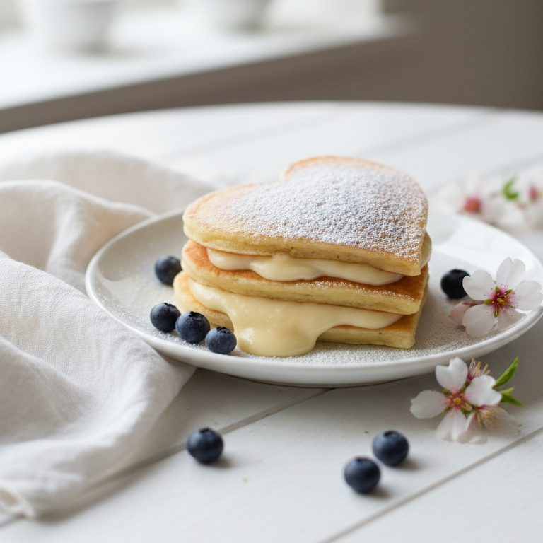 Herzförmige Pfannkuchen mit Vanillecreme und Puderzucker auf weißem Teller, umgeben von Blaubeeren und Blüten.