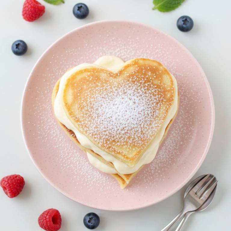 Herzförmiger Pfannkuchen mit Vanillecreme und Puderzucker auf rosa Teller, umgeben von Himbeeren, Blaubeeren und Minzblättern.
