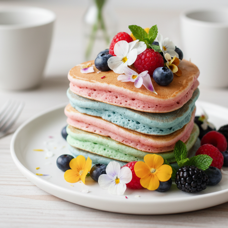 Mehrschichtiger Stapel herzförmiger Pfannkuchen in Pastellfarben (hellblau, rosa, mintgrün) mit Beeren und essbaren Blüten auf weißem Teller.