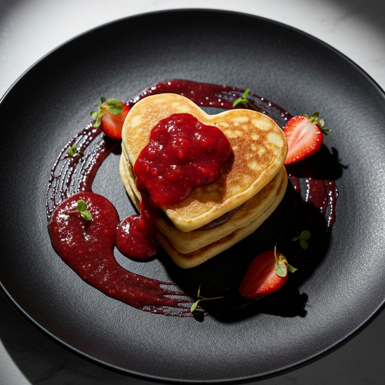 Herzförmige Pfannkuchen mit roter Erdbeersauce und frischen Erdbeeren auf schwarzem Teller angerichtet.