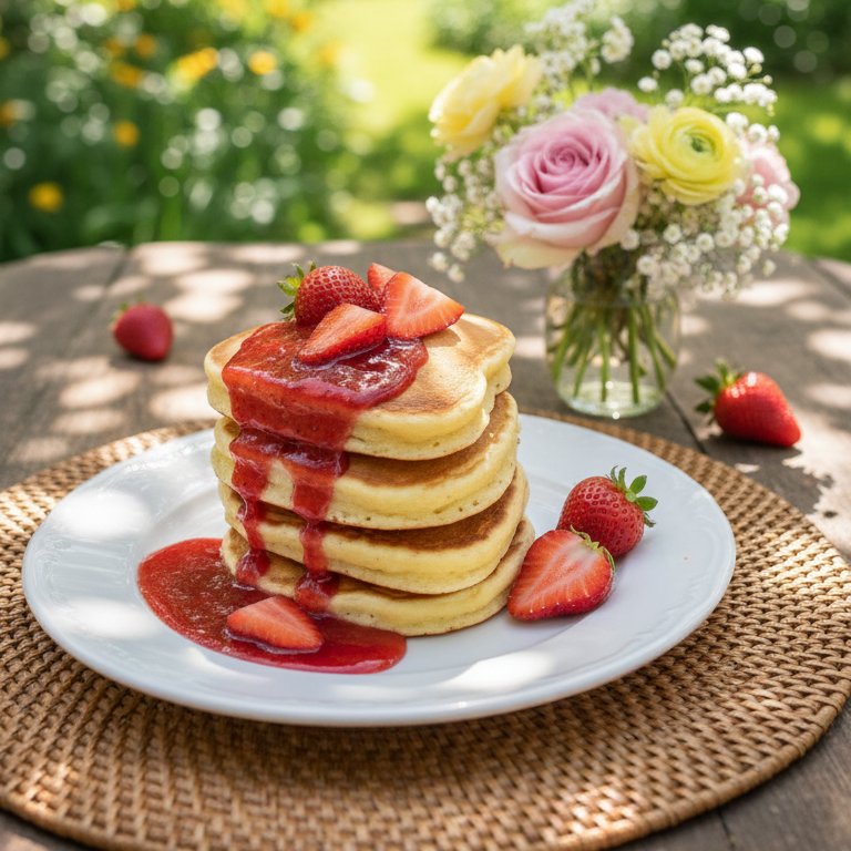 Vier gestapelte Pfannkuchen mit Erdbeersoße und frischen Erdbeeren auf weißem Teller, daneben ein Glas mit rosa und gelben Rosen auf einem Gartentisch.