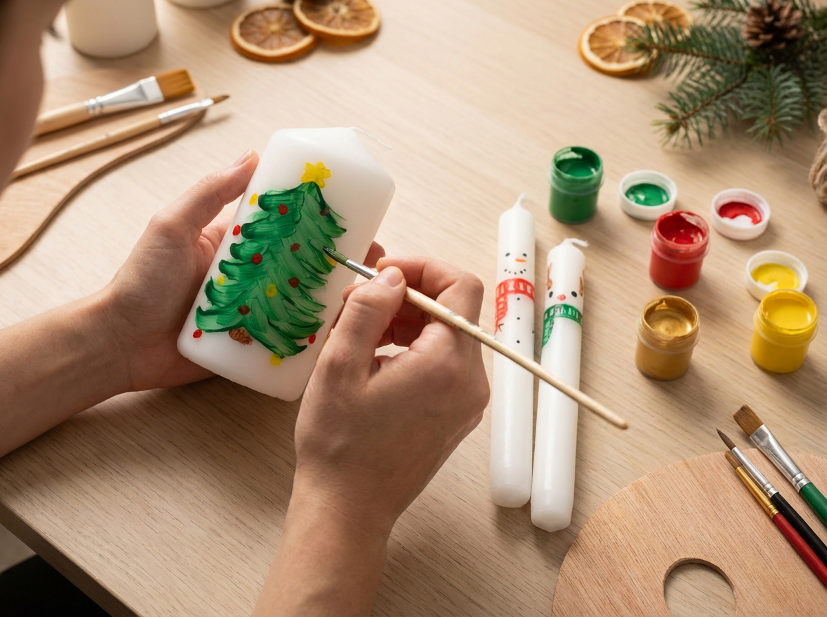Hände bemalen eine weiße Kerze mit einem grünen Weihnachtsbaum, der rote Kugeln und einen gelben Stern trägt, auf einem Holztisch mit Pinseln und Farbtöpfen.