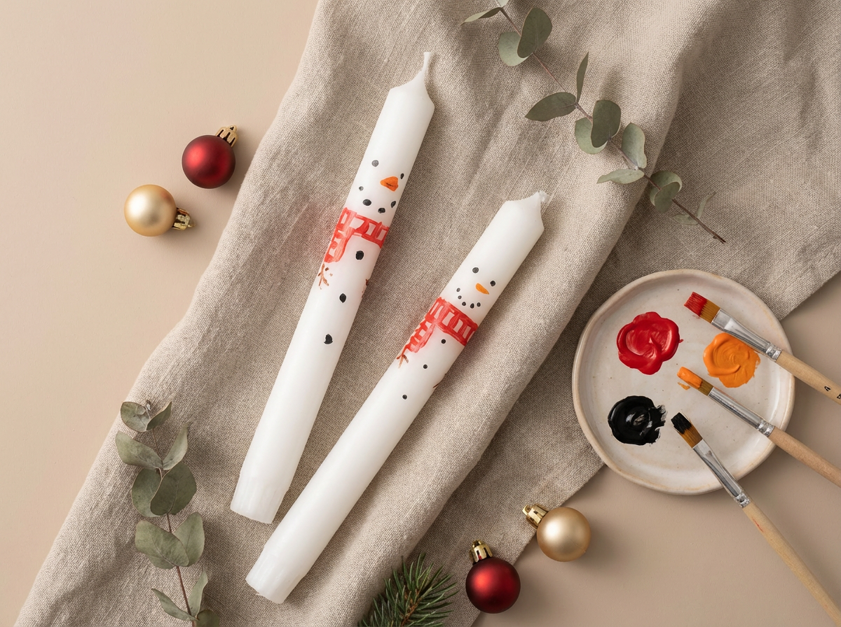 Zwei weiße Kerzen mit Schneemanngesichtern und roten Schals liegen auf einem hellen Stoff, umgeben von roten und goldenen Christbaumkugeln, grünen Zweigen und einem Teller mit roter, oranger und schwarzer Farbe sowie Pinseln.