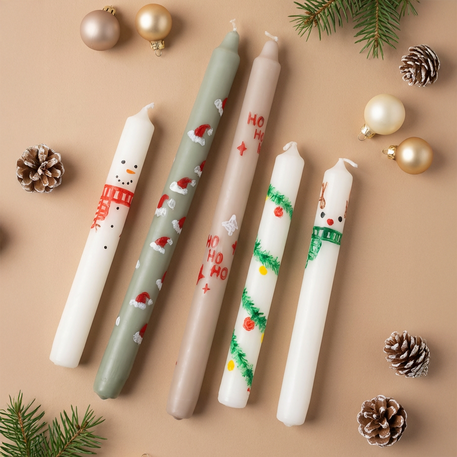 Fünf unterschiedlich verzierte Weihnachtskerzen, darunter zwei mit Schneemannmotiven, eine mit Weihnachtsmützen, eine mit 'HO HO HO'-Schriftzug und eine mit Tannenzweigen, umgeben von Tannenzapfen und goldfarbenen Christbaumkugeln.