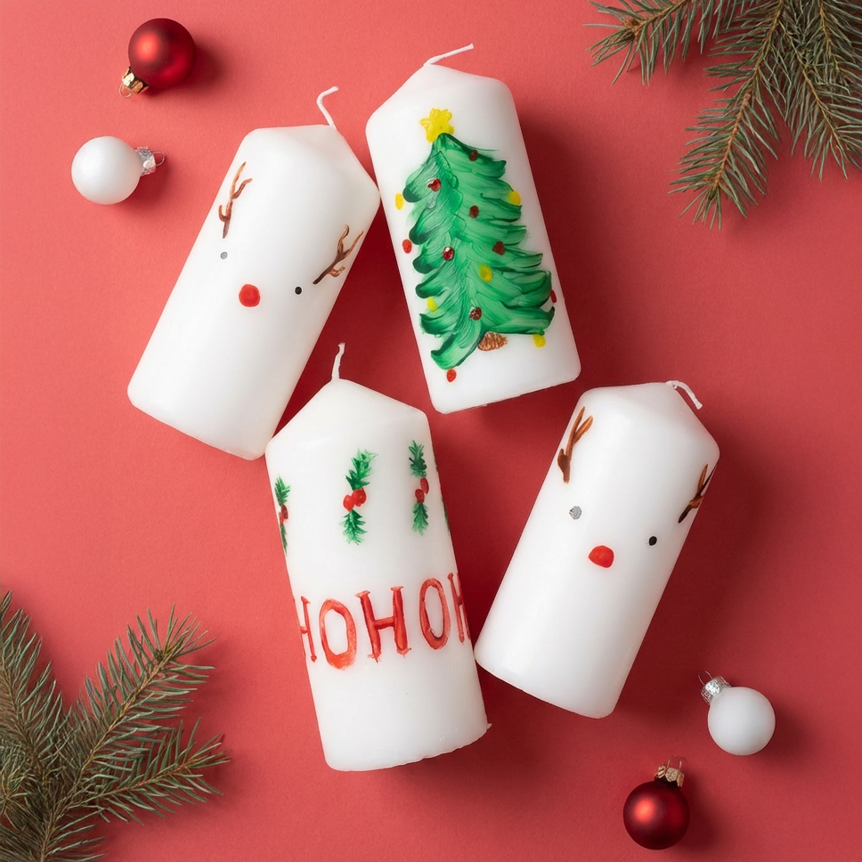 Vier weiße Kerzen mit Weihnachtsmotiven: zwei mit Rentiergesichtern, eine mit grünem Weihnachtsbaum, eine mit rotem Schriftzug 'HOHO'.