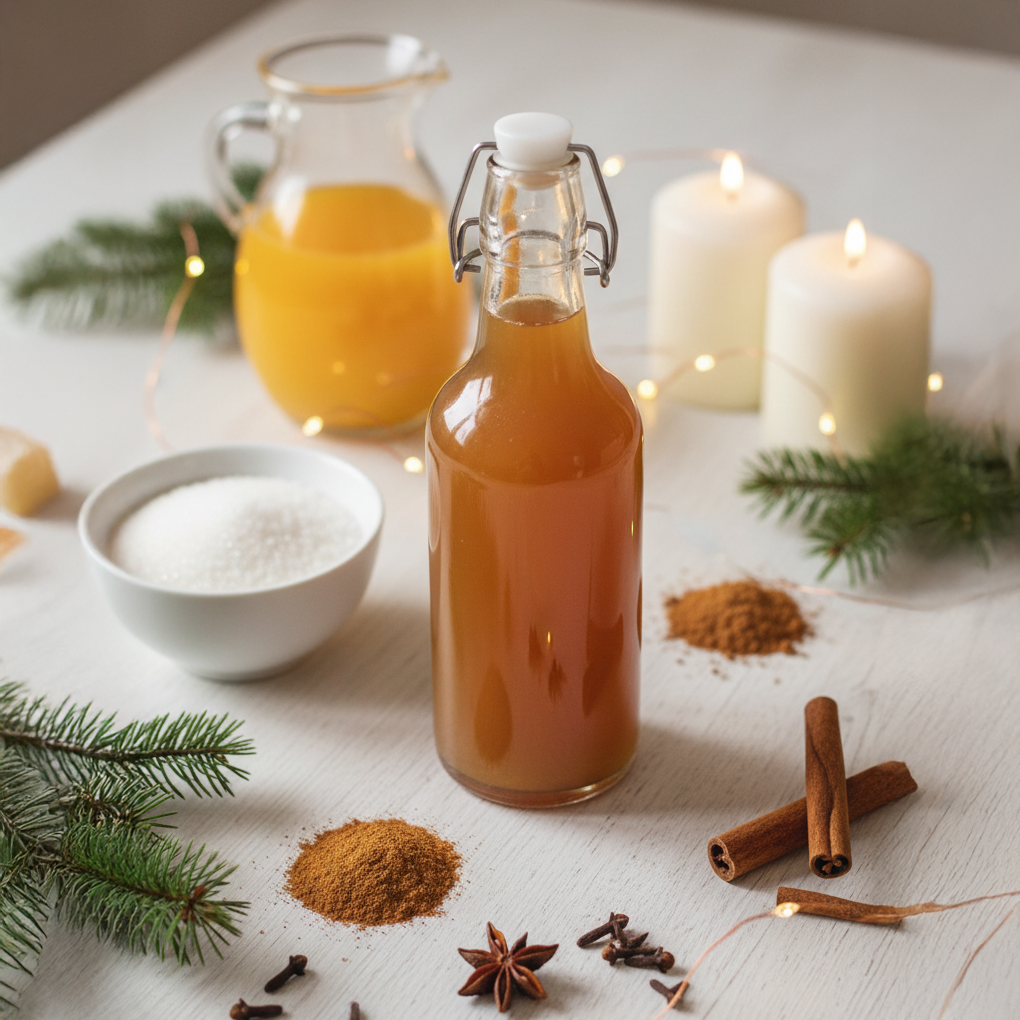 Glasflasche mit braunem Lebkuchensirup, umgeben von Zimtstangen, Gewürzen, Zucker, Orangenlikör und brennenden Kerzen auf hellem Tisch.