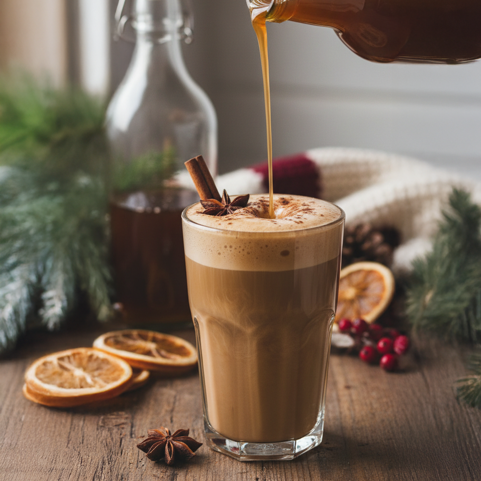 Glas mit schaumigem Kaffee, in das Sirup eingegossen wird, garniert mit Zimtstange und Sternanis, umgeben von getrockneten Orangenscheiben und Tannenzweigen.
