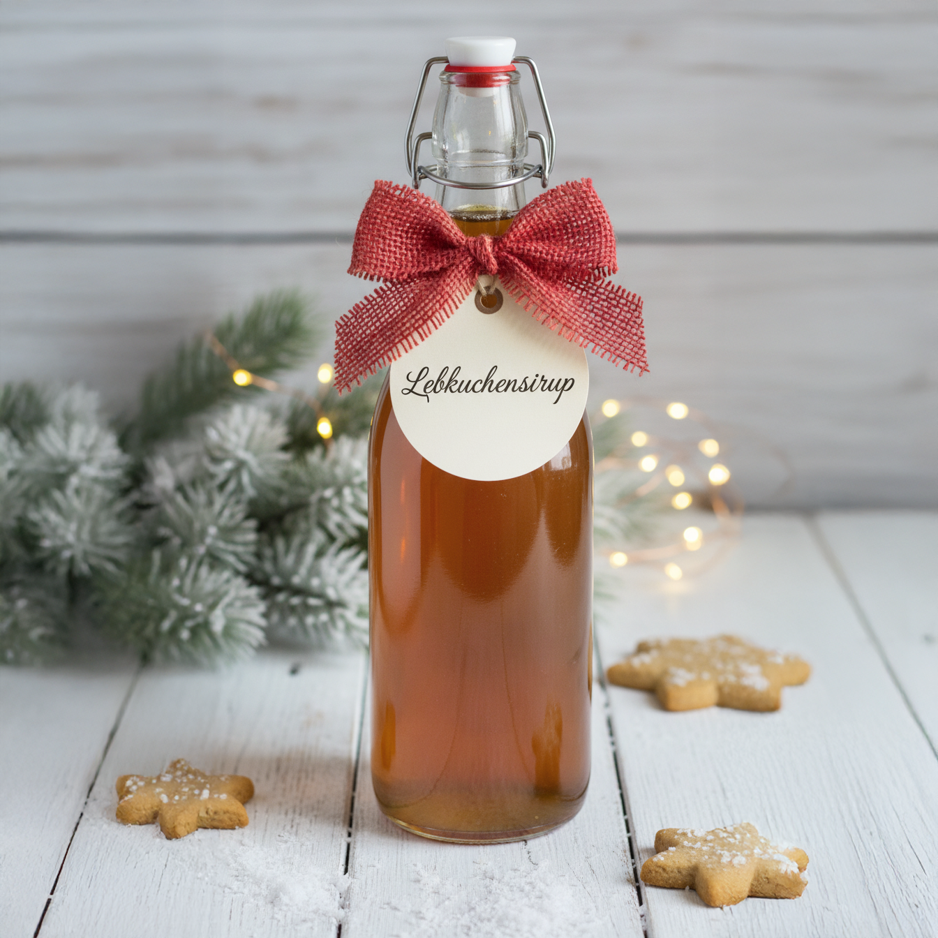 Glasflasche mit braunem Lebkuchensirup, roter Schleife und rundem Etikett mit der Aufschrift 'Lebkuchensirup', umgeben von Lebkuchenkeksen und Tannenzweigen mit Lichterkette.
