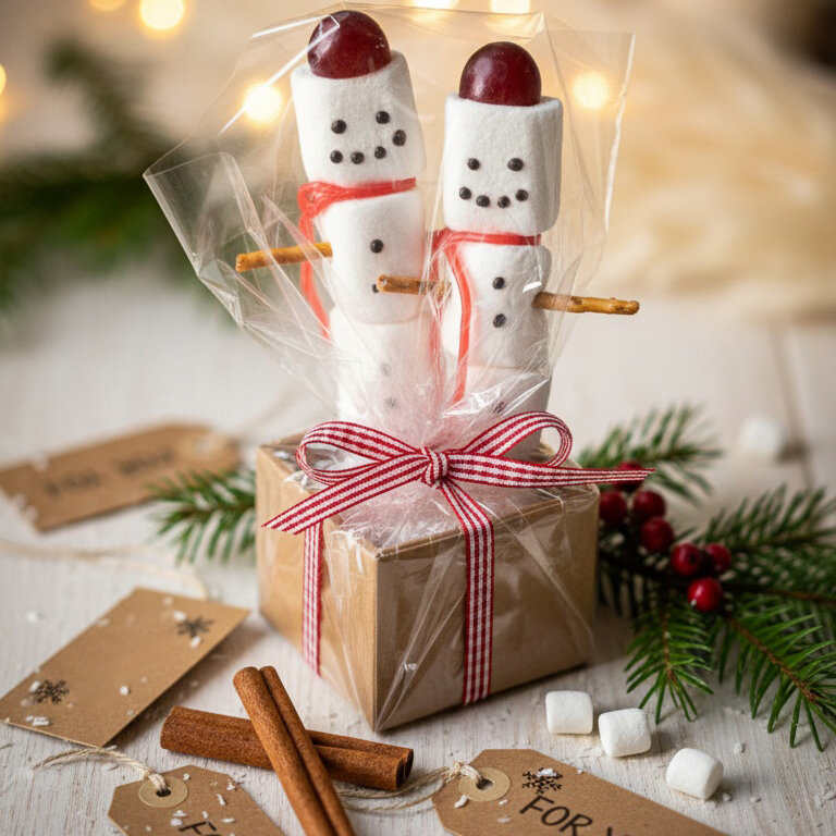 Zwei Schneemannfiguren aus Marshmallows mit Rosinenaugen, roten Schals und Stäbchenarmen stecken in Geschenkverpackung mit rot-weiß gestreiftem Band.
