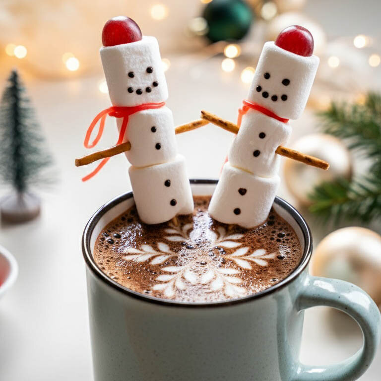 Zwei Schneemänner aus Marshmallows mit roten Schleifen und Kirschen als Hüte stecken in einer Tasse Kakao mit Milchschaum-Dekor.