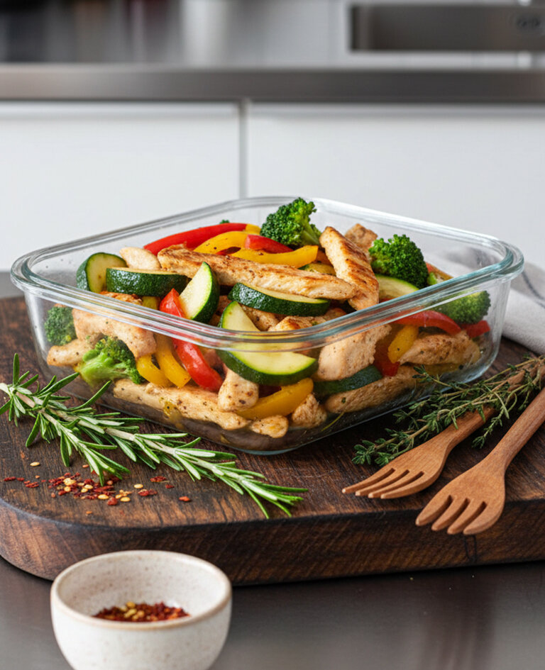 Glasform mit gebratenen Hähnchenstreifen, Brokkoliröschen, Zucchinischeiben und Paprikastreifen auf Holzbrett mit Rosmarinzweig und Holzbesteck