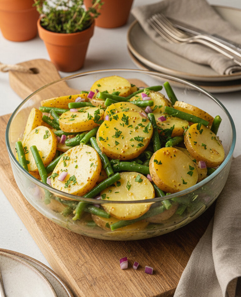 Glasschüssel mit Kartoffelsalat aus Kartoffelscheiben, grünen Bohnen, roten Zwiebelwürfeln und Petersilie auf einem Holzbrett