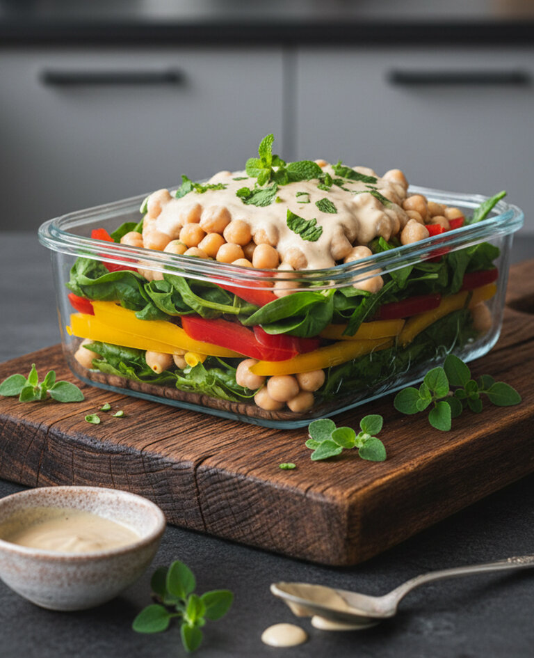 Glasbehälter mit Schichten aus Kichererbsen, Spinat, roten und gelben Paprikastreifen, garniert mit einer cremigen Sauce und frischen Kräutern auf einem Holzbrett