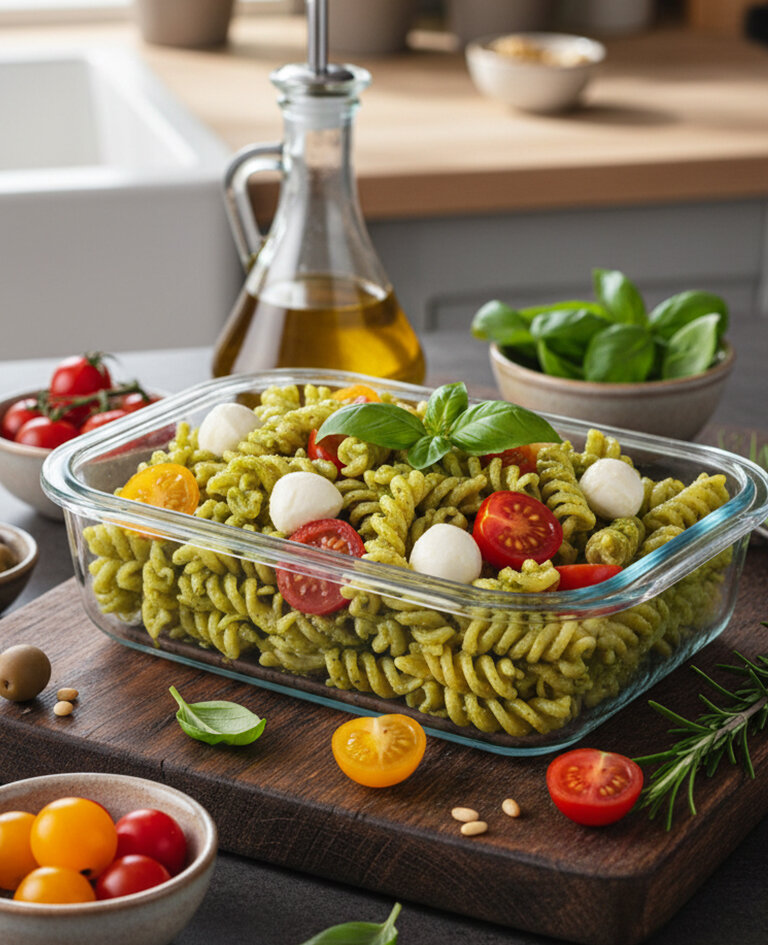 Glasform mit grünem Nudelsalat, Kirschtomaten, Mozzarellakugeln und Basilikum auf Holzbrett, im Hintergrund Ölflasche und frische Kräuter