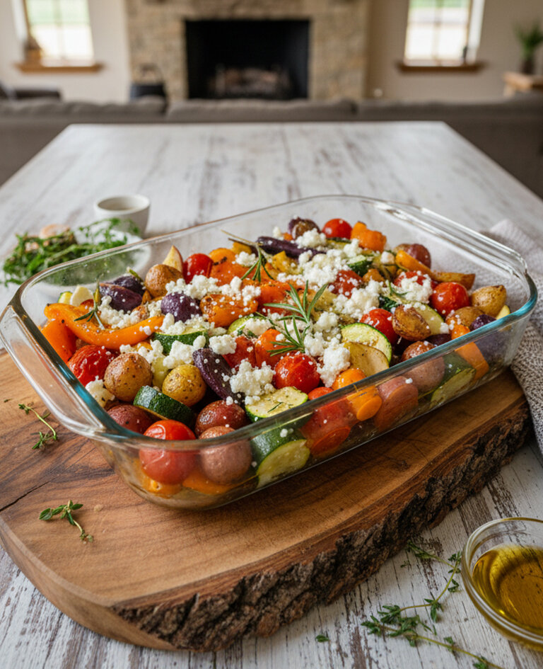 Ofengemüse mit Kirschtomaten, Zucchinischeiben, Kartoffeln, Kürbisstücken und zerbröseltem Feta in einer Glasbackform auf einem Holzbrett