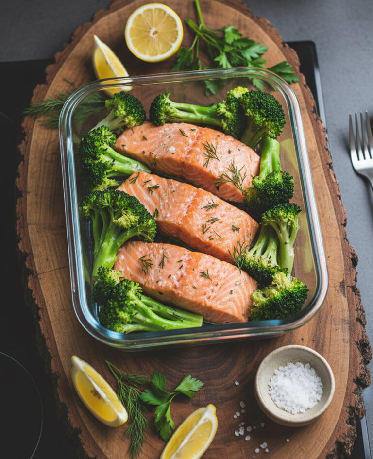 Drei Lachsfilets mit Dill in einer Glasform umgeben von Brokkoliröschen auf einem Holzbrett mit Zitronenspalten, frischen Kräutern und einer Schale grobem Salz