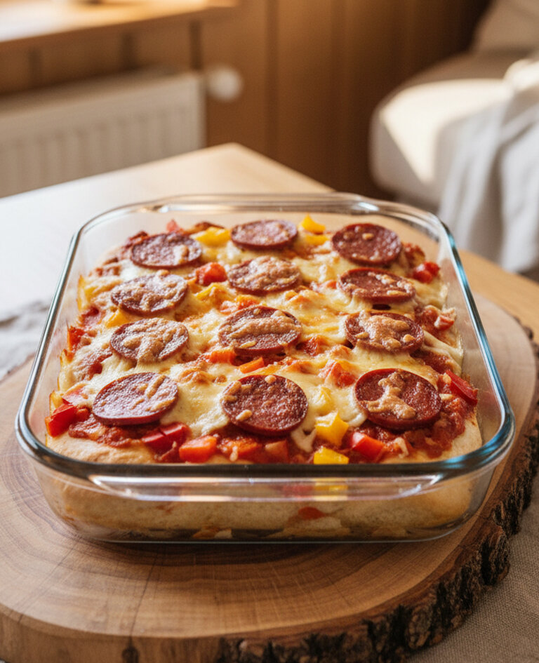 Auflaufform mit gebackenem Gericht aus Käse, Paprikastücken und Salami auf Holzscheibe