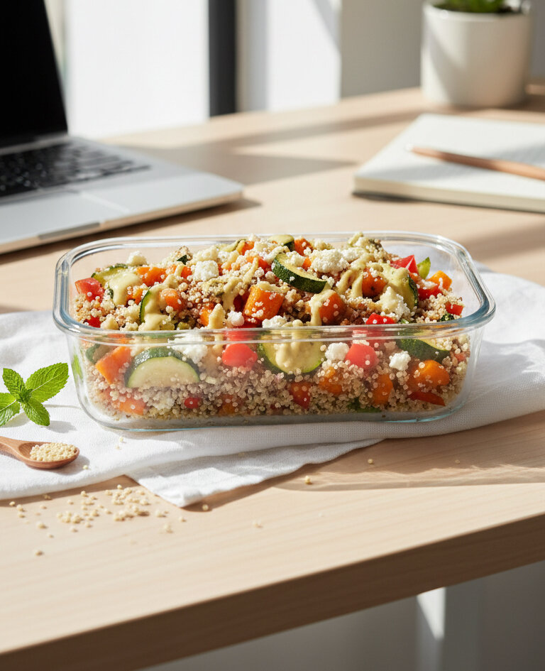 Glasbehälter mit Quinoa-Salat aus Gurkenscheiben, Kirschtomaten und Feta auf hellem Holztisch neben Laptop und Notizblock
