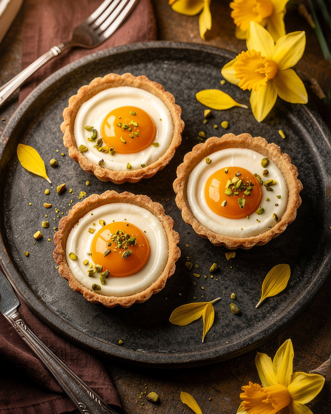 Drei Tartelettes mit Spiegeleier-Optik und Pistazienstückchen auf dunklem Teller, umgeben von Narzissenblüten und -blättern