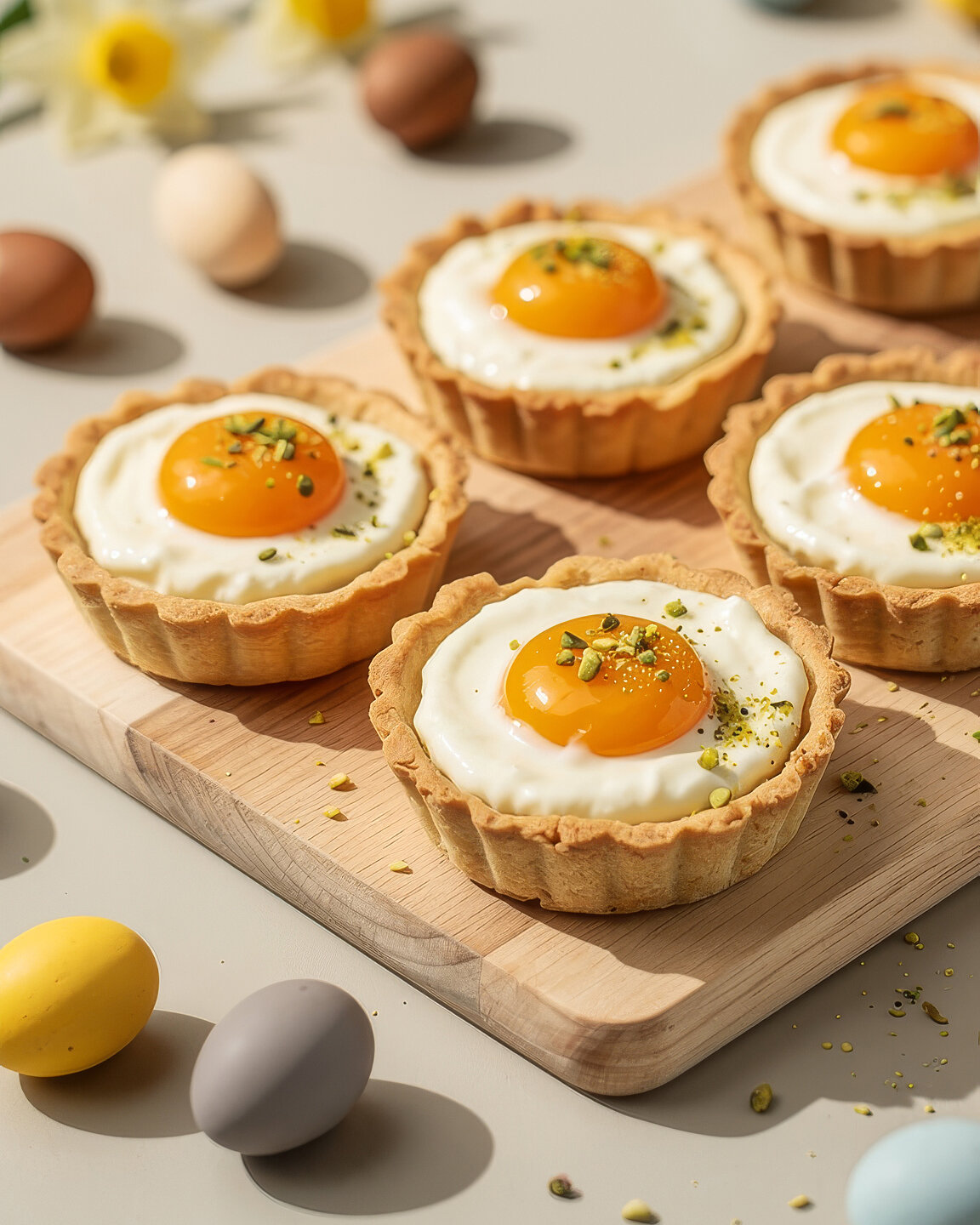 Fünf Tartelettes mit Spiegeleier-Dekor und Pistazienstückchen auf einem Holzbrett, umgeben von bunten Ostereiern