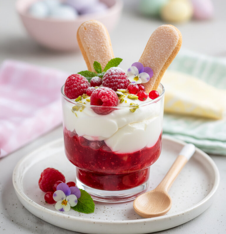 Glas mit Beerengrütze, Sahne, Himbeeren, zwei Löffelbiskuits und essbaren Blüten auf weißem Teller mit Holzlöffel