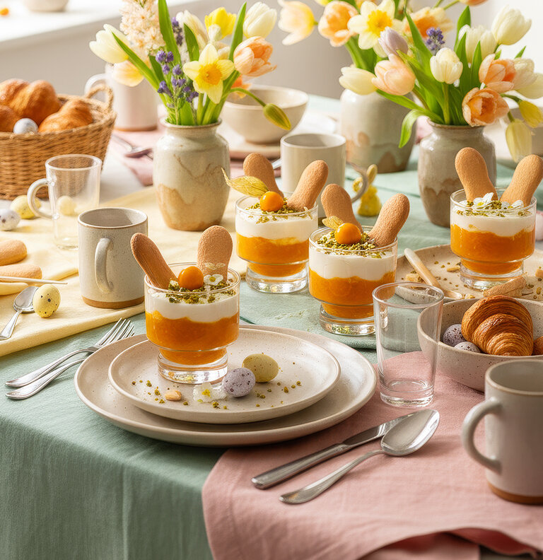 Gläser mit Dessert aus Schichtcreme und Keks auf gedecktem Tisch mit Blumenvasen, Tassen, Croissants und Ostereiern