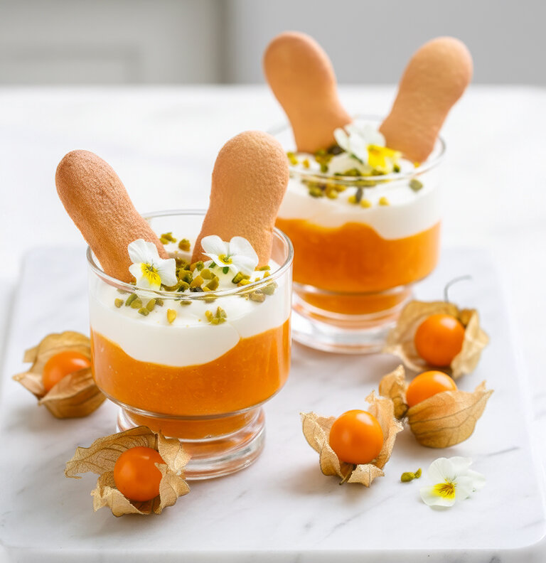 Zwei Gläser mit Pfirsich-Quark-Dessert, garniert mit Biskuitstäbchen, gehackten Pistazien und essbaren Blüten, umgeben von Physalisfrüchten