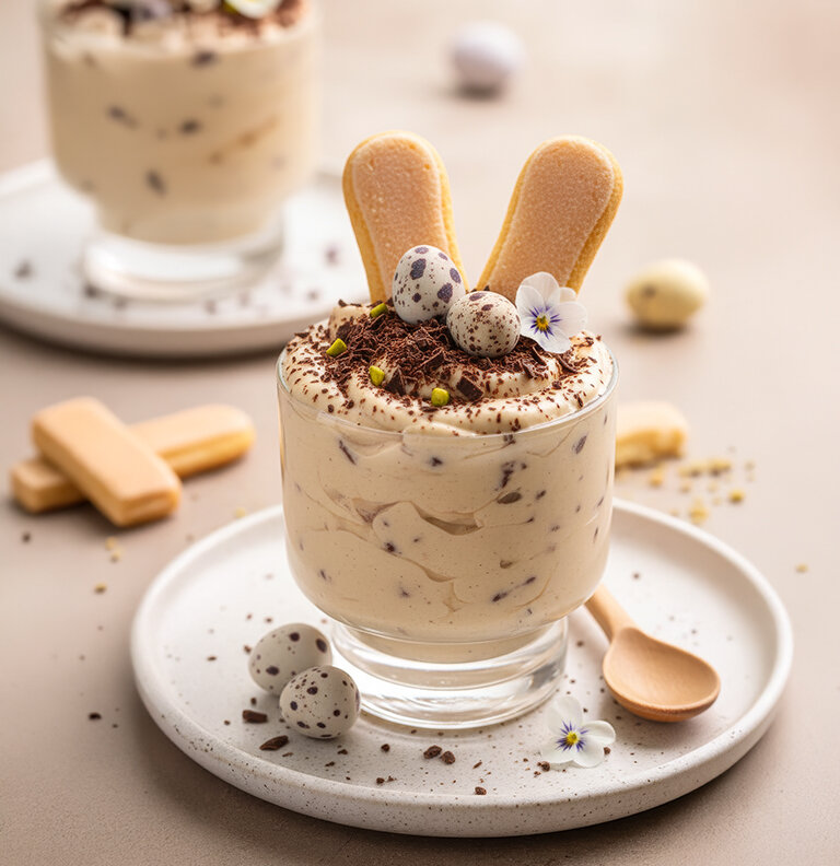 Glas mit cremigem Dessert, garniert mit zwei Löffelbiskuits, Schokoraspeln, kleinen gefleckten Eiern und Blüten auf weißem Teller mit kleinem Holzlöffel
