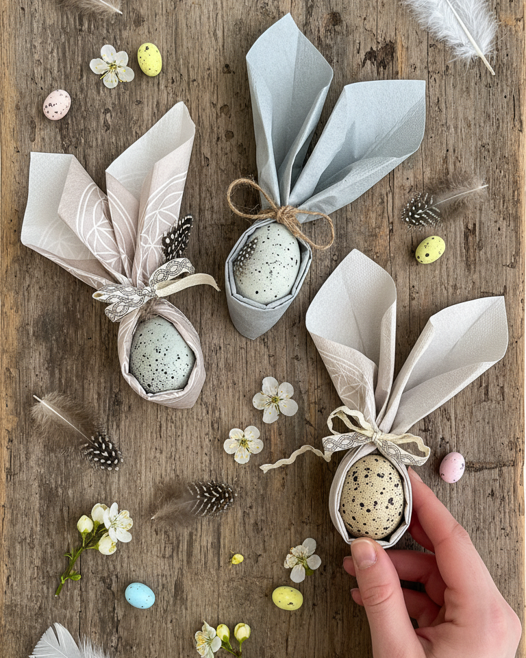 Drei Servietten zu Hasenohren gefaltet, jeweils mit einem gefleckten Ei darin, umgeben von kleinen Federn, Blüten und bunten Mini-Eiern auf Holzuntergrund, eine Hand hält eine Serviette