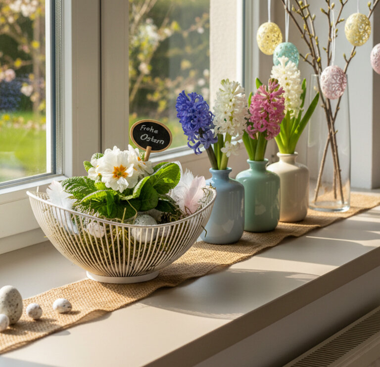 Osterkorb mit weißer Blume und grünen Blättern, daneben bunte Hyazinthen in kleinen Vasen und bemalte Ostereier an Zweigen auf Fensterbank.