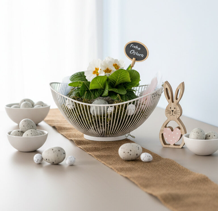 Ein weißer Korb mit grünen Pflanzen und weißen Blüten, dekoriert mit Eiern und einem kleinen Schild mit der Aufschrift 'Frohe Ostern'. Rechts steht eine Holzfigur eines Hasen.