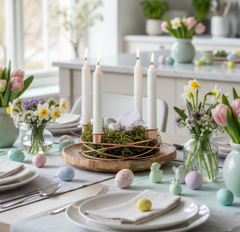 Osterkranz mit vier brennenden weißen Kerzen auf Holztablett, umgeben von bunten Ostereiern und Frühlingsblumen in Vasen auf gedecktem Esstisch.