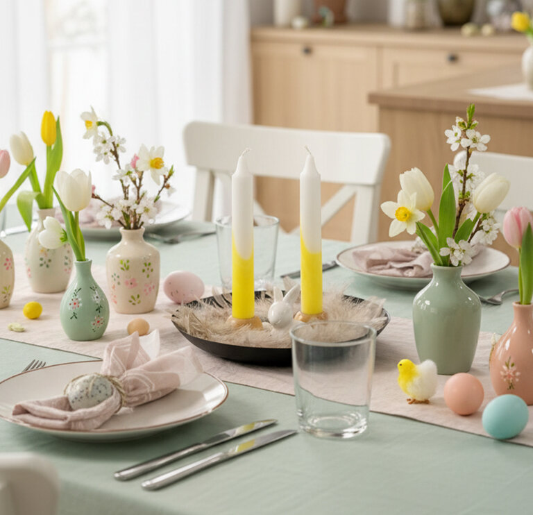 Tisch mit Osterdeko: zwei gelb-weiße Kerzen auf einem Teller mit Federn, bunte Ostereier, kleine gelbe Kükenfiguren und Vasen mit weißen und gelben Frühlingsblumen.