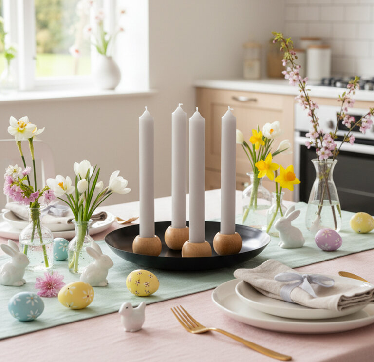 Vier weiße Kerzen in Holzhaltern auf schwarzem Tablett, umgeben von bunten Ostereiern, weißen Hasenfiguren und Frühlingsblumen in Glasvasen auf gedecktem Tisch.