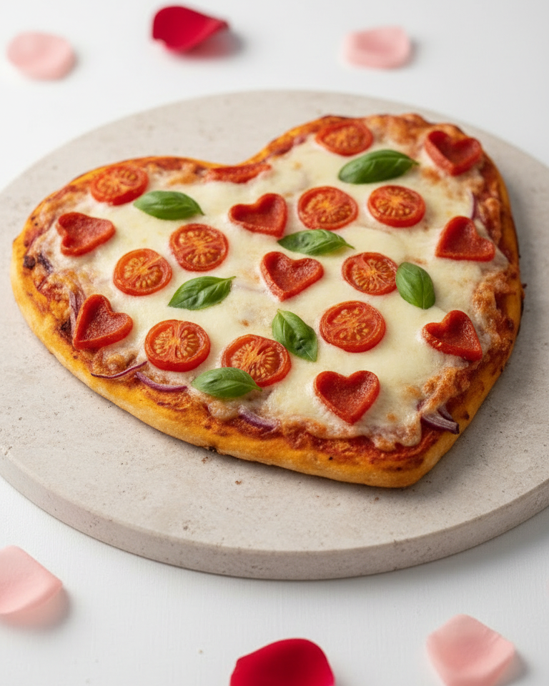 Herzförmige Pizza mit geschmolzenem Käse, Tomatenscheiben, herzförmigen Paprikastücken und Basilikumblättern auf rundem Steinuntergrund.