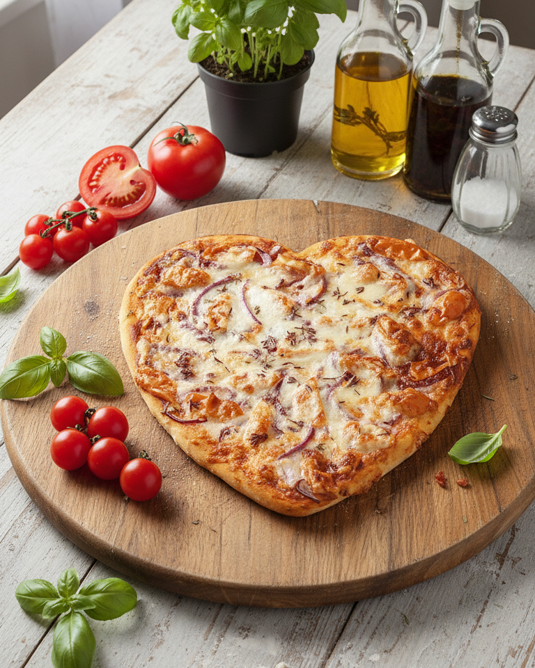 Herzförmige Pizza mit Käse und roten Zwiebeln auf rundem Holzbrett, umgeben von Basilikum, Tomaten, Öl, Essig und Salzstreuer.
