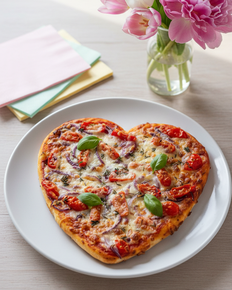 Herzförmige Pizza mit Tomaten, Zwiebeln, Käse und Basilikum auf weißem Teller, im Hintergrund bunte Servietten und rosa Tulpen in Glasvase.