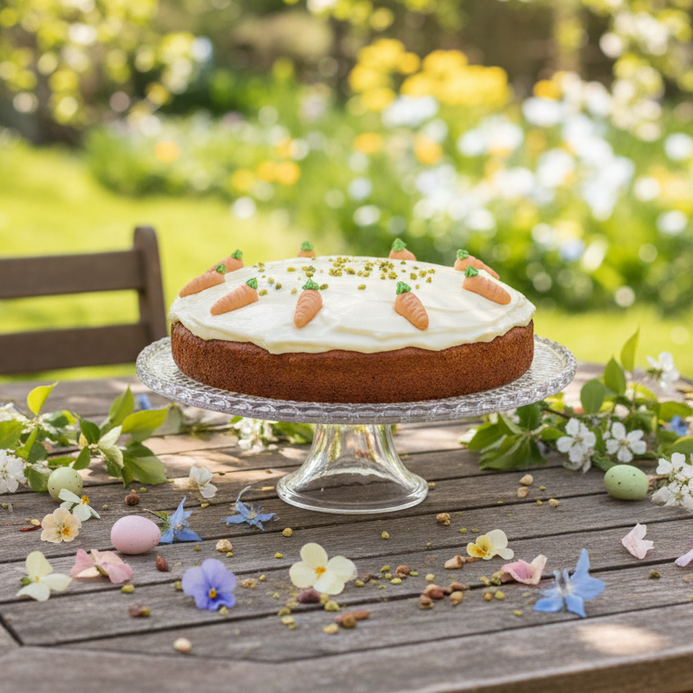 Runder Karottenkuchen mit weißem Zuckerguss und kleinen Marzipanmöhren auf einem Glasteller auf Holztisch mit verstreuten Blüten und Dekoeiern im Garten.