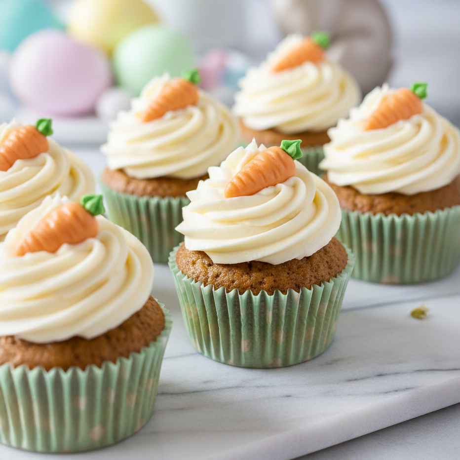 Mehrere Cupcakes mit weißem Zuckerguss und kleinen Zuckermöhren als Dekoration in grünen Papierförmchen auf einer Marmorplatte.