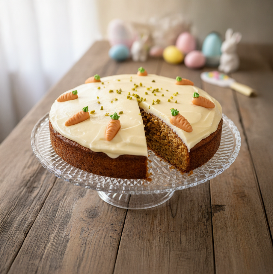 Nahaufnahme eines Karottenkuchens mit weißem Zuckerguss und kleinen Marzipankarotten auf einem Glas-Tortenständer.
