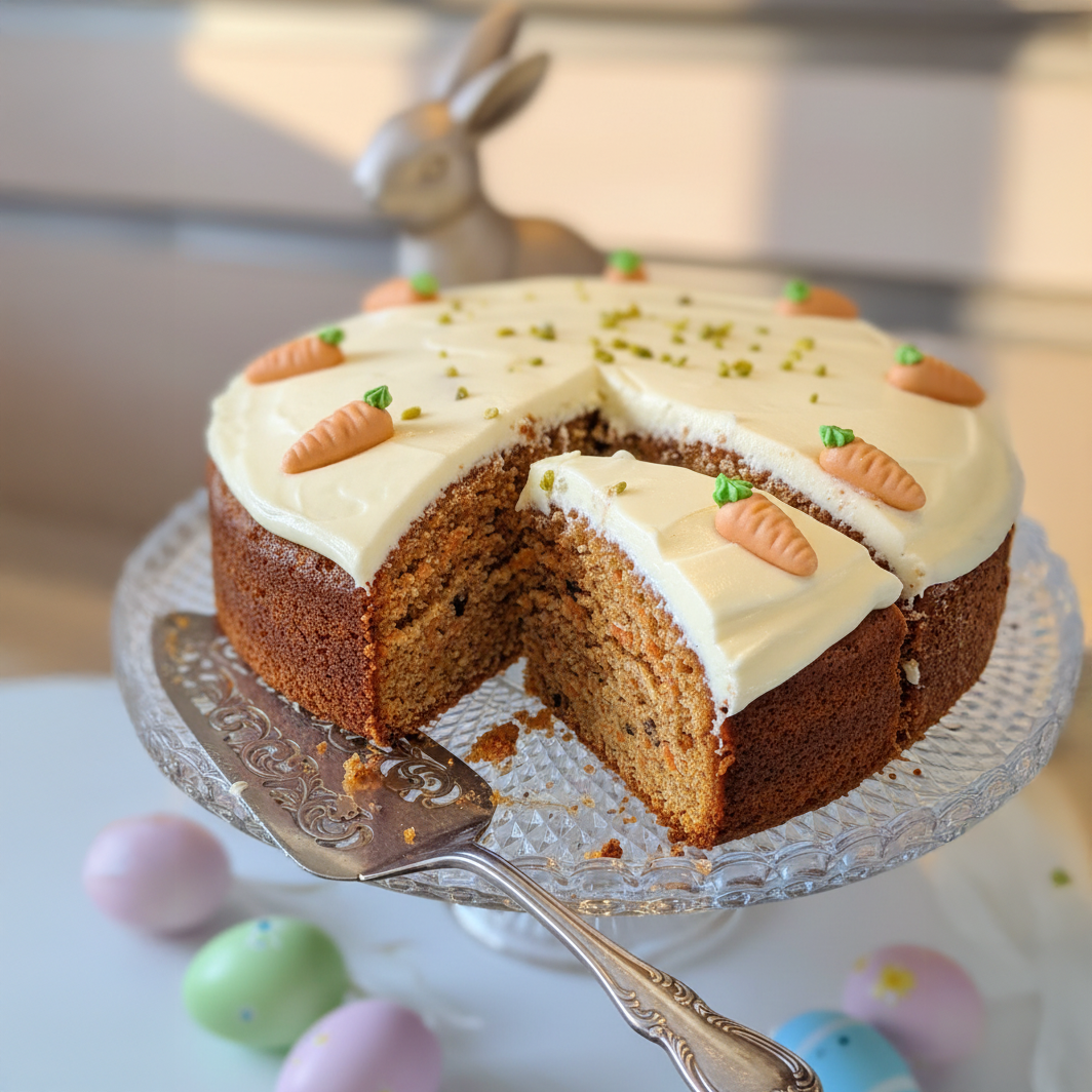 Nahaufnahme eines Karottenkuchens mit weißem Frischkäse-Frosting und kleinen Marzipanmöhren auf einer Glasplatte.