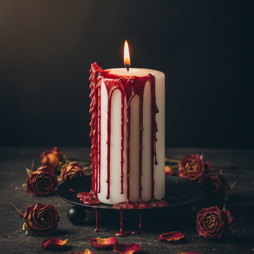 Weiße Stumpenkerze mit brennender Flamme und rotem Wachs, das an der Seite herunterläuft, umgeben von getrockneten Rosen auf dunklem Untergrund.