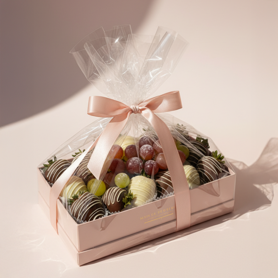 Eine Schachtel mit einer Auswahl an Obst und Schokolade, darunter Äpfel, Trauben und Pralinen.