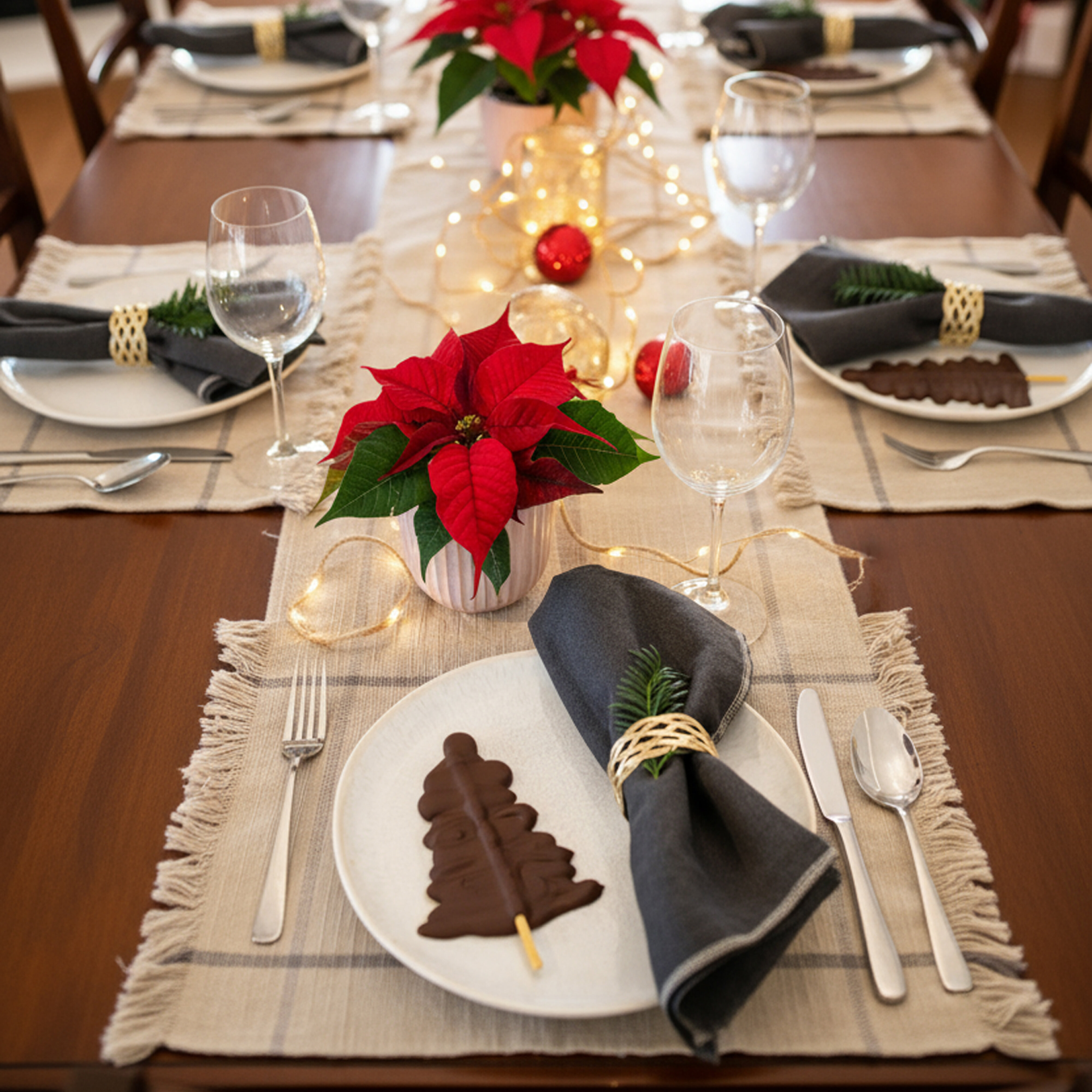 Weihnachtlich gedeckter Tisch mit rotem Weihnachtsstern, grauen Servietten, Gläsern und Schokoladen-Tannenbäumen auf Tellern.